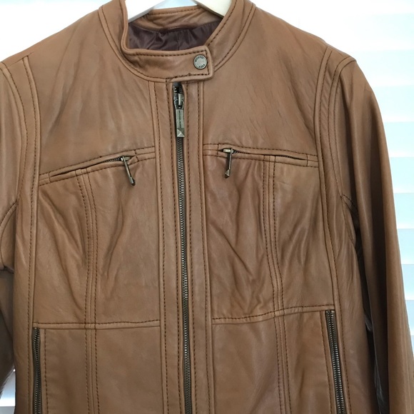 Camel Leather Biker Style Jacket - Picture 2 of 8
